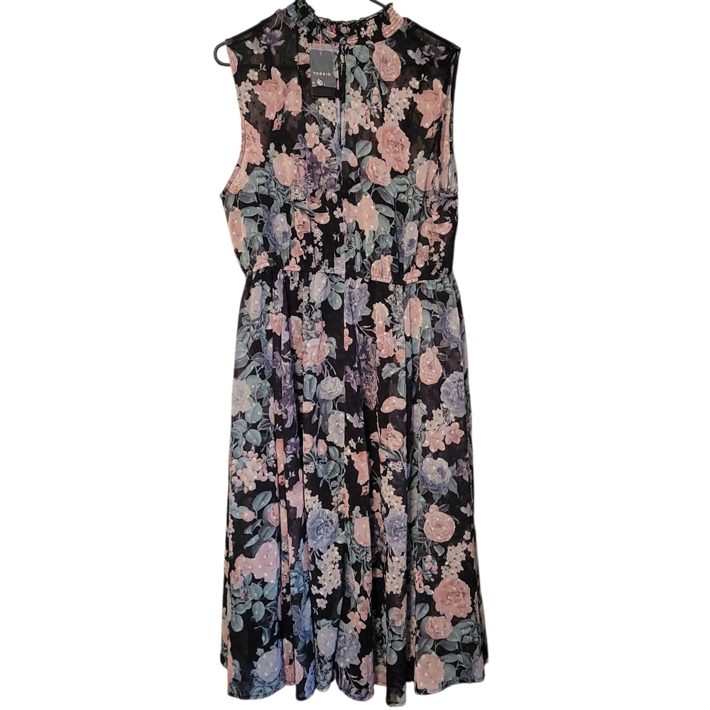 NWT Torrid Floral Clip Dot Mock Neck Sleeveless Midi Romantic Dress Fit Flare 1X - Picture 7 of 11